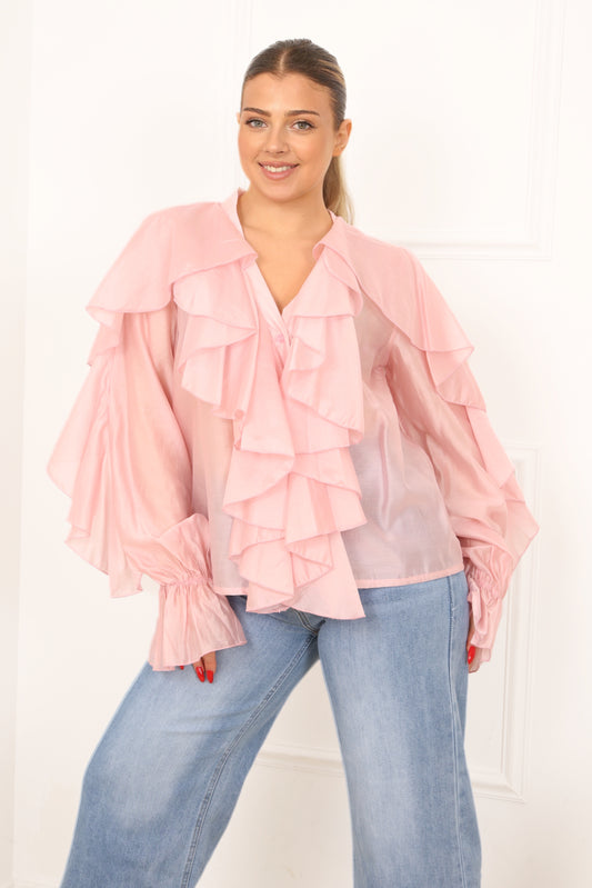 Blouse rose femme à volants manches longues Blouse Violetta Divinity