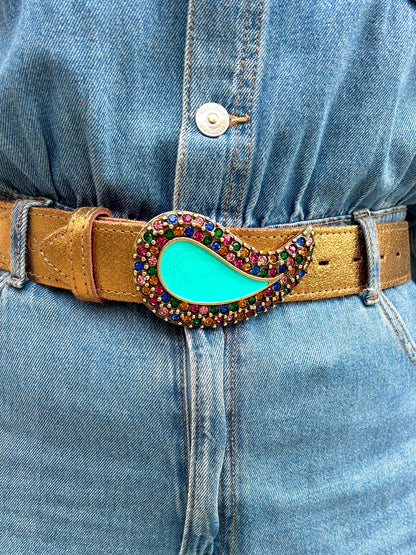 Boucle Yolète N309 multicolore turquoise montée sur ceinture interchangeable