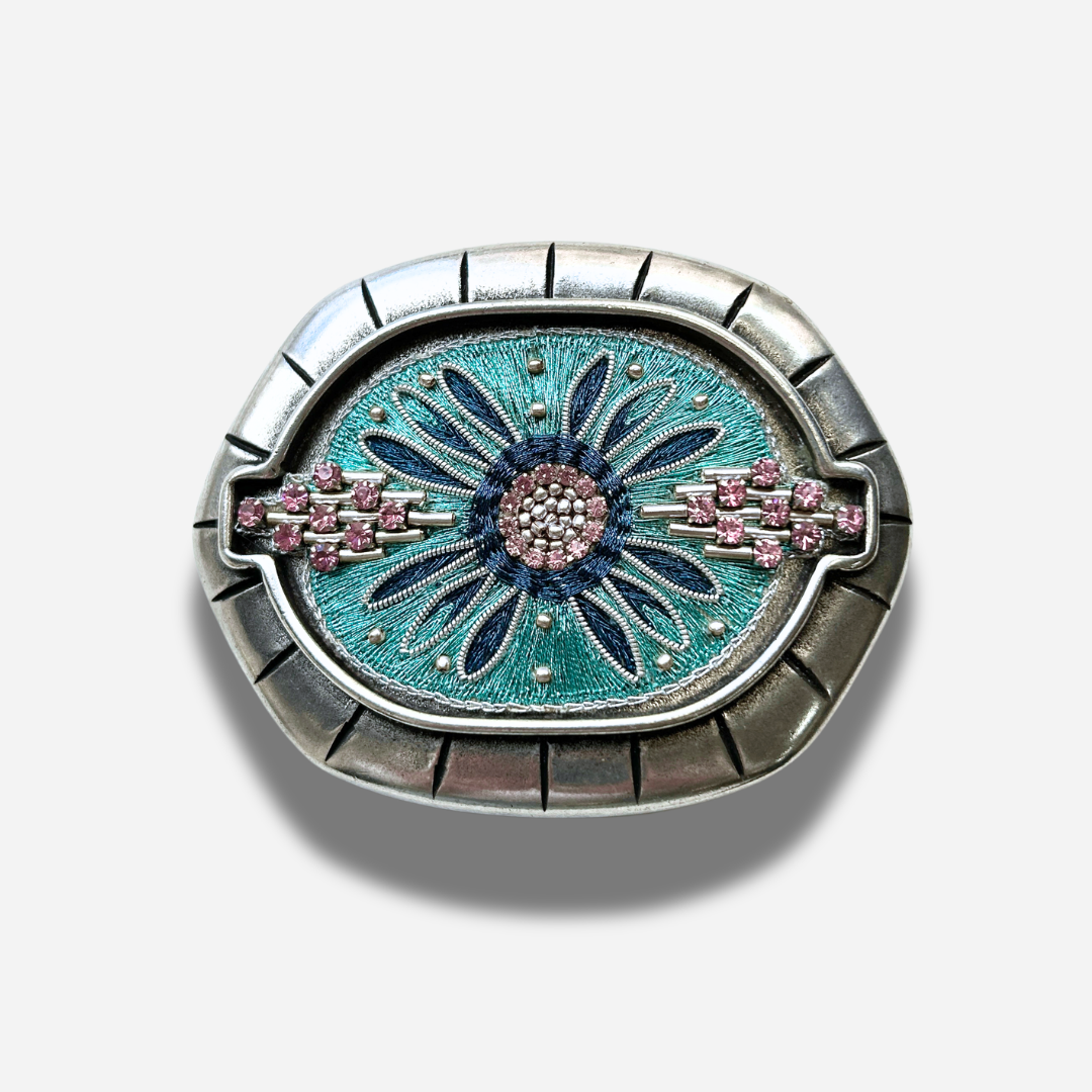 Boucle de ceinture interchangeable Yolète N325 Apache argent broderie turquoise rose