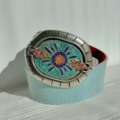 Boucle de ceinture interchangeable Yolète N325 Apache argent broderie turquoise rose
