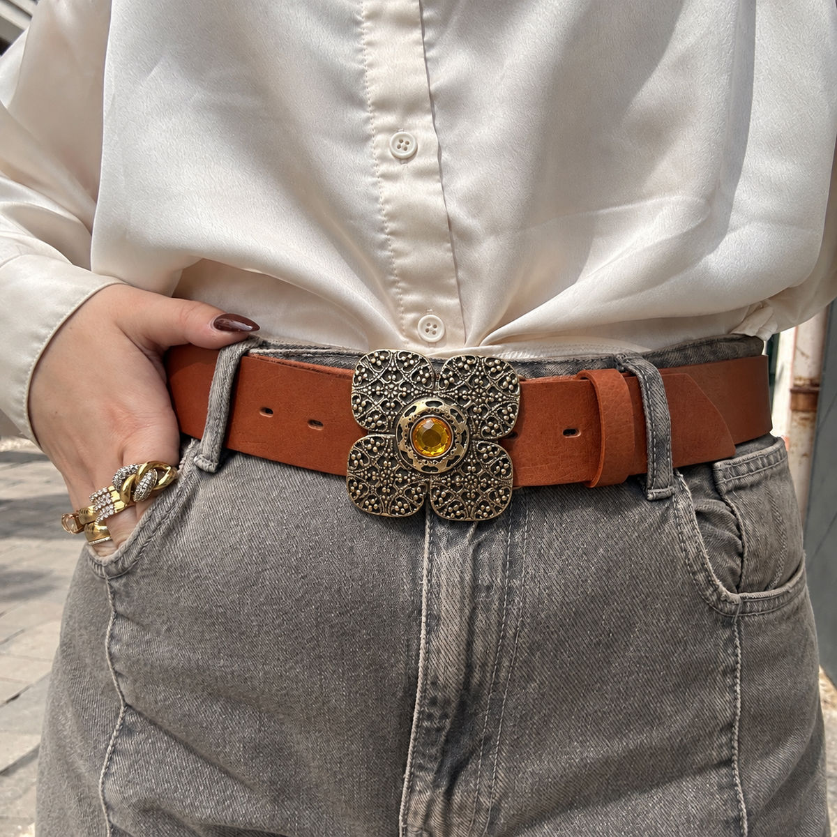 Boucle de ceinture interchangeable Yolète N329 fleur dorée pierre ambre