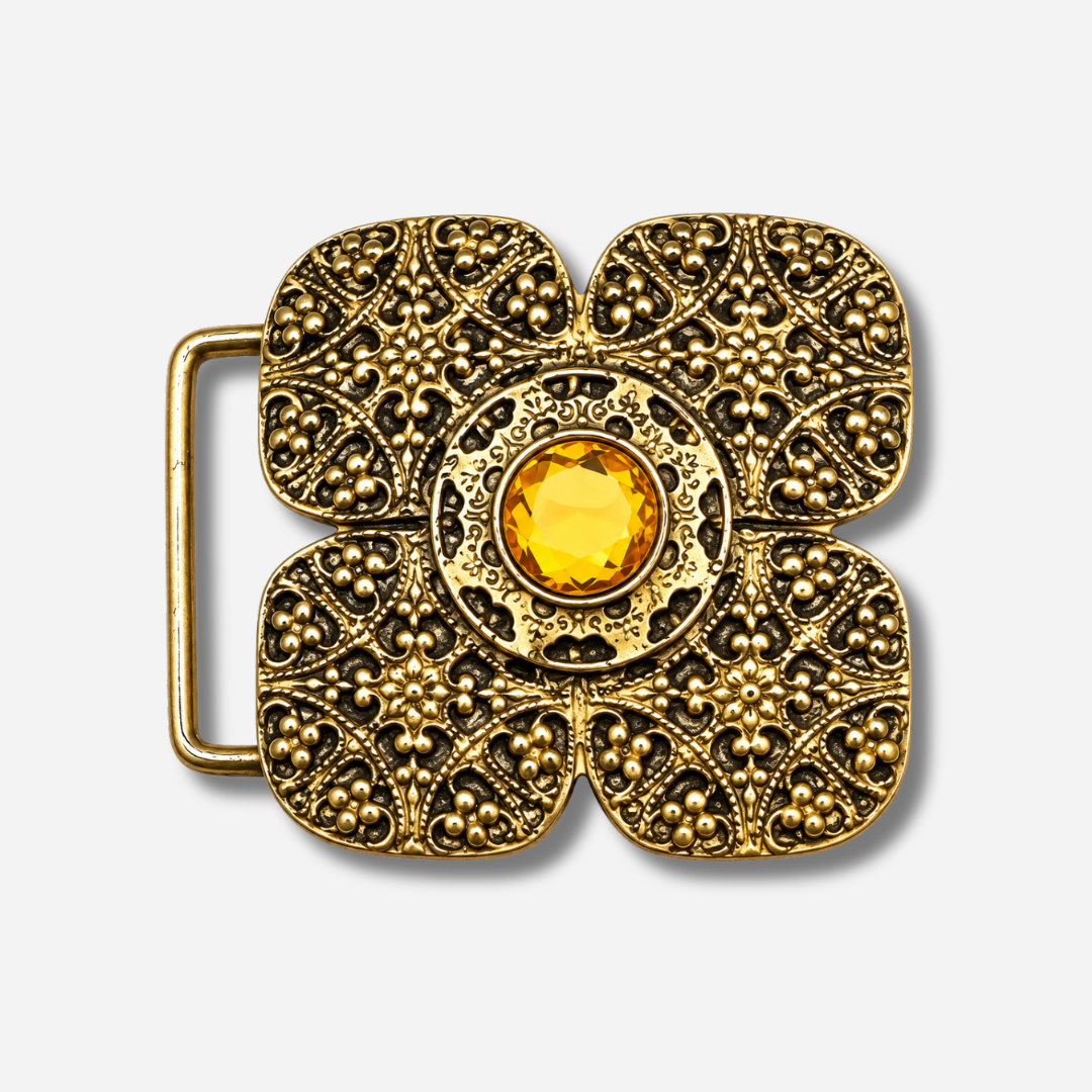 Boucle de ceinture interchangeable Yolète N329 fleur dorée pierre ambre