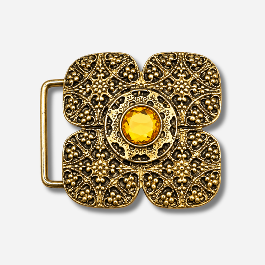 Boucle de ceinture interchangeable Yolète N329 fleur dorée pierre ambre