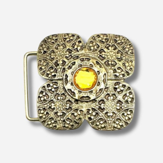 Boucle de ceinture interchangeable Yolète N329 fleur dorée pierre ambre