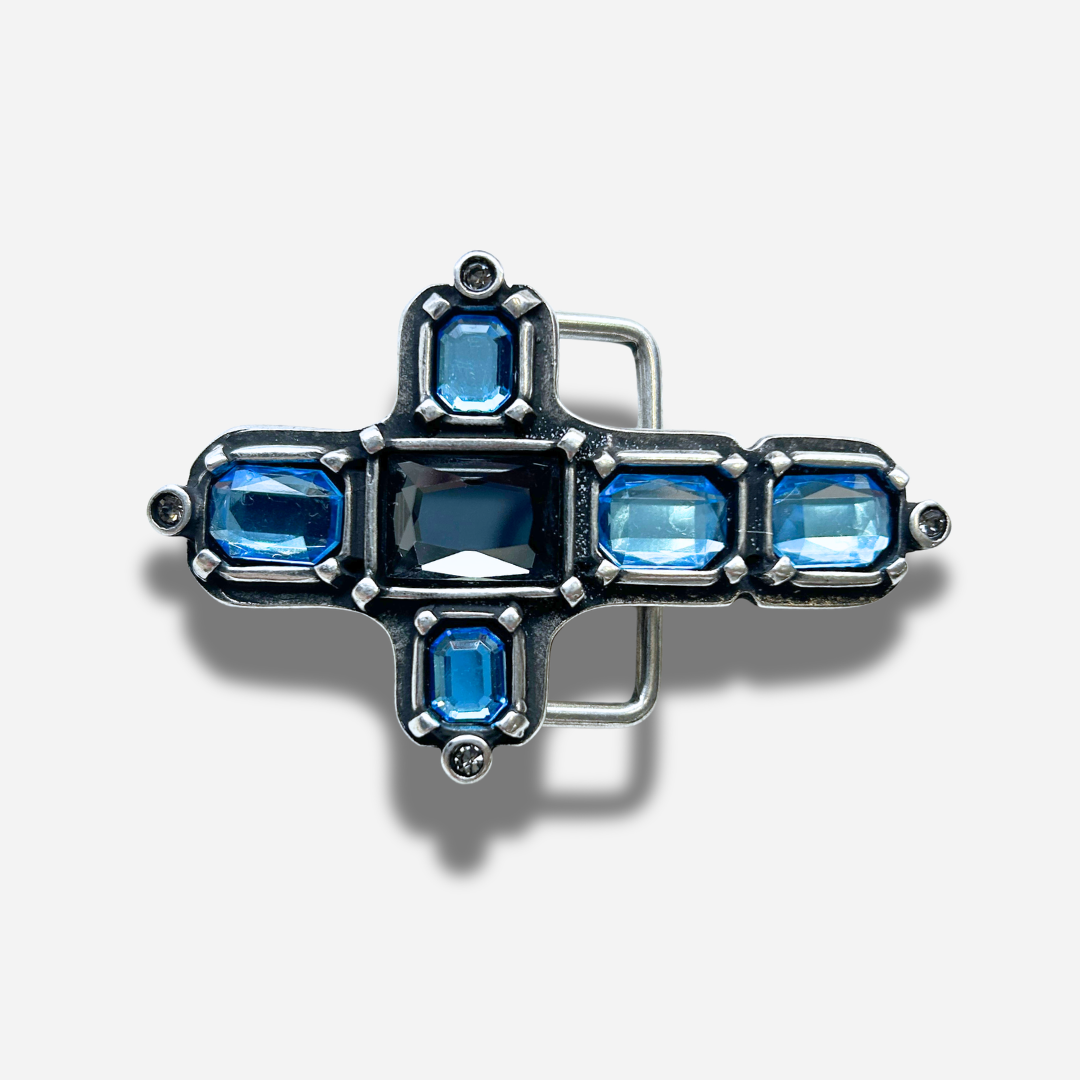 Boucle de ceinture interchangeable Yolète N333 silver blue en forme de croix avec strass bleus