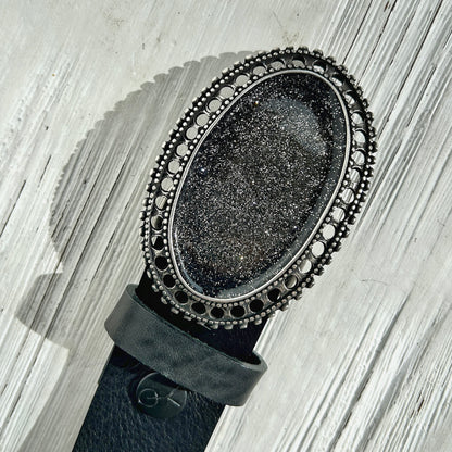 Boucle de ceinture Yolète N341 silver montée sur ceinture cuir noir