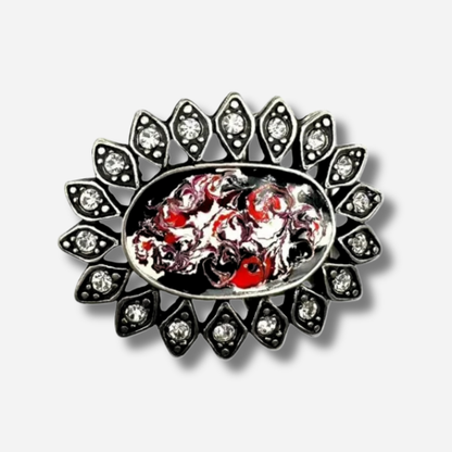 Boucle de ceinture interchangeable Yolète N342 en métal argenté avec émail marbré rouge noir et strass