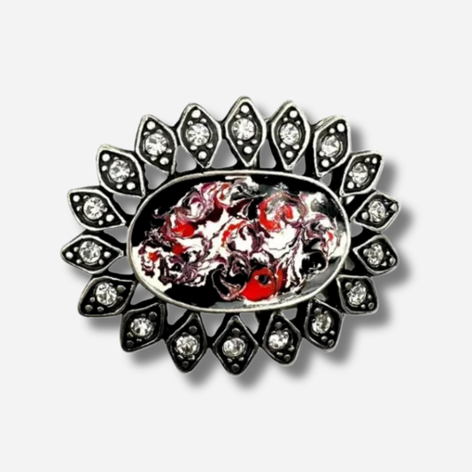 Boucle de ceinture interchangeable Yolète N342 en métal argenté avec émail marbré rouge noir et strass