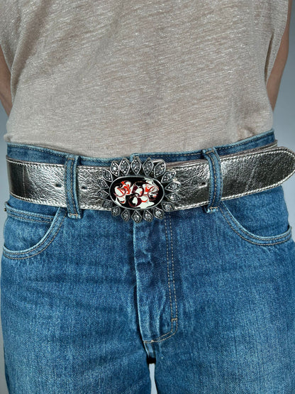 Boucle de ceinture interchangeable Yolète N342 en métal argenté avec émail marbré rouge noir et strass
