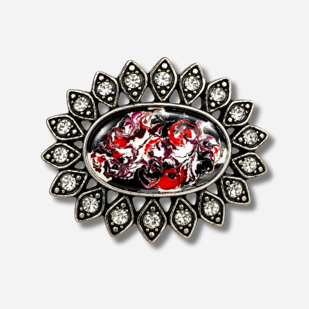 Boucle de ceinture interchangeable Yolète N342 en métal argenté avec émail marbré rouge noir et strass