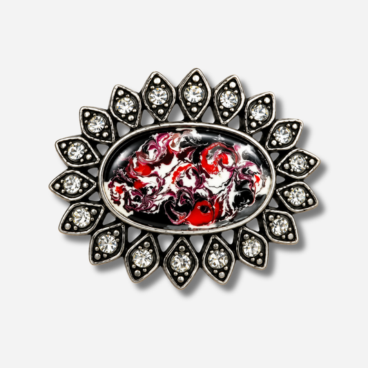 Boucle de ceinture interchangeable Yolète N342 en métal argenté avec émail marbré rouge noir et strass