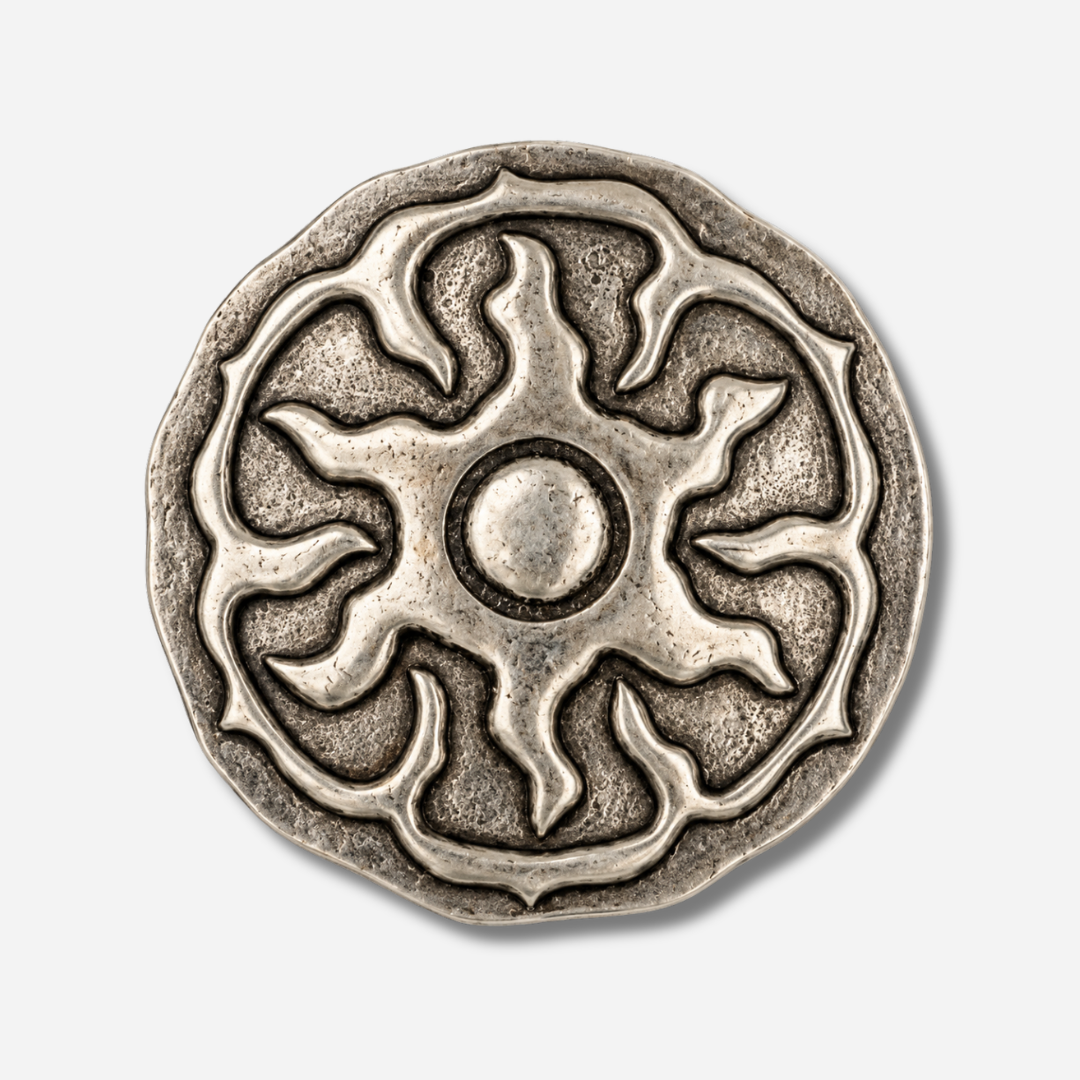 Boucle de ceinture interchangeable Yolète N394 Silver ronde motif soleil en métal argenté vieilli