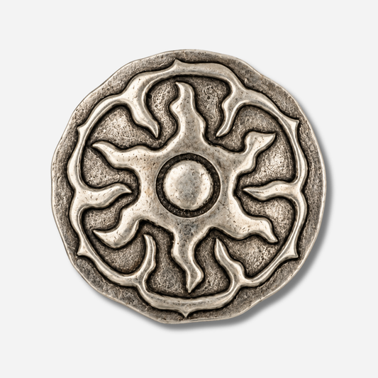 Boucle de ceinture interchangeable Yolète N394 Silver ronde motif soleil en métal argenté vieilli