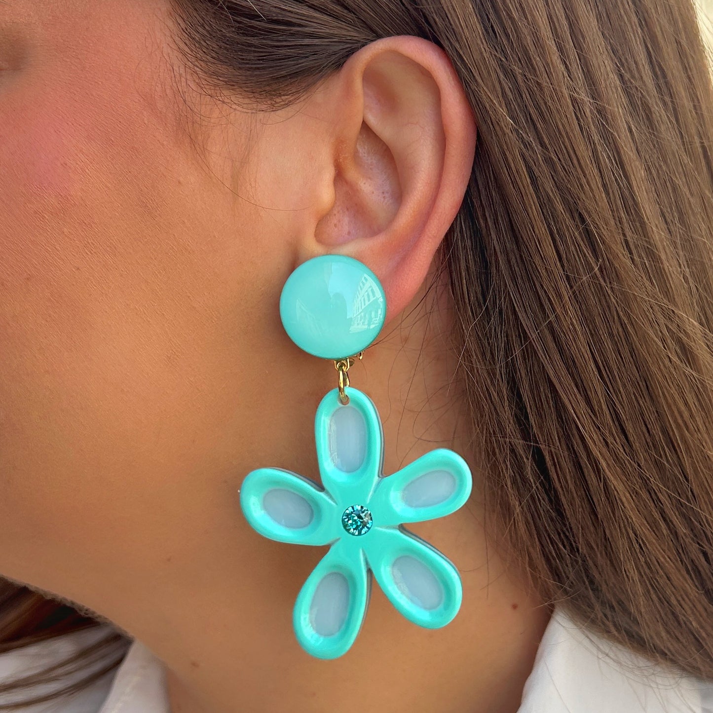 Boucles Allamanda Turquoise Francine Bramli Paris à clip