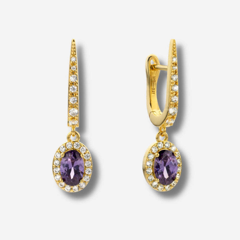 Boucles d’oreilles Amethyst Dynasty Mya Bay dorées pierre violette ovale pavée de cristaux