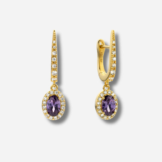 Boucles d’oreilles Amethyst Dynasty Mya Bay dorées pierre violette ovale pavée de cristaux
