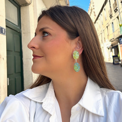 Boucles pailletées irisées vertes Francine Bramli Paris