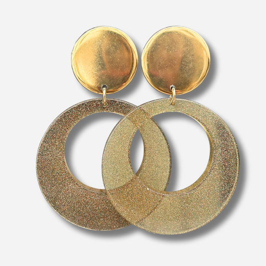 Boucles Cloé Gold Glitter Francine Bramli Paris avec disque doré martelé et grand anneau pailleté champagne