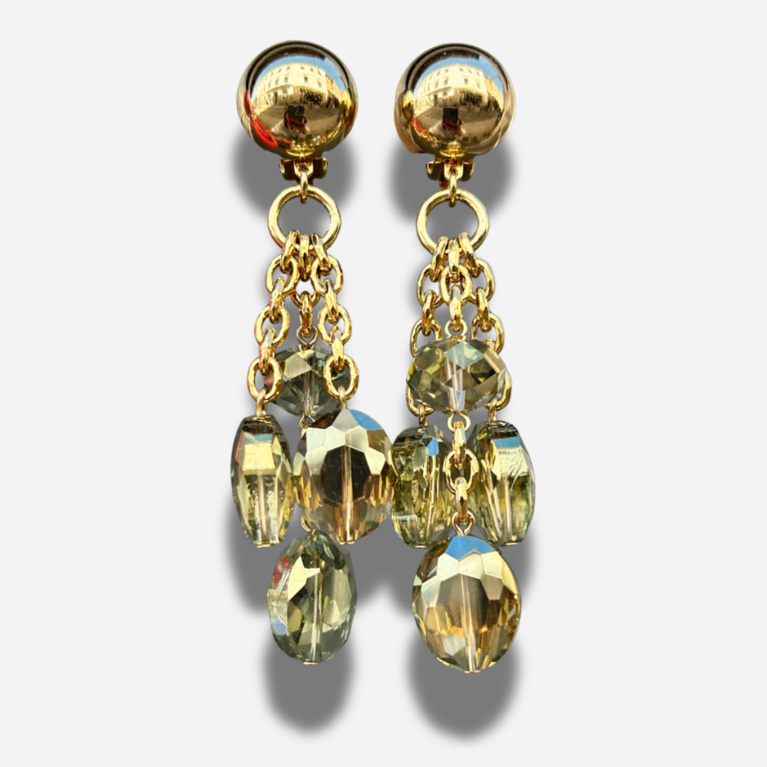 Boucles Cristal kaki Francine Bramli Paris doré pierres facettées