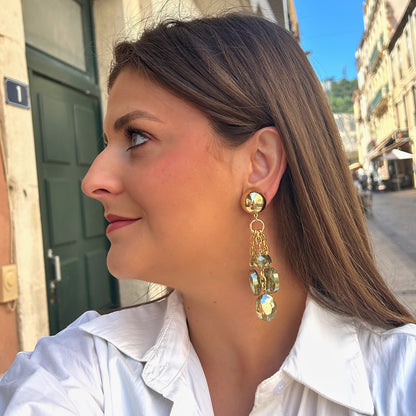 Boucles Cristal kaki Francine Bramli Paris doré pierres facettées
