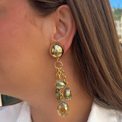 Boucles Cristal kaki Francine Bramli Paris doré pierres facettées