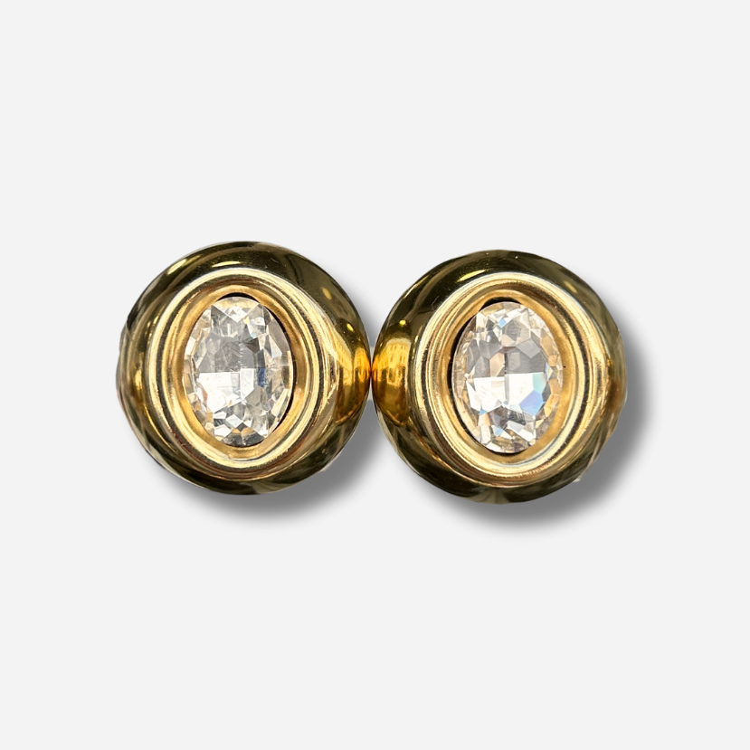 Boucles Rainball Diamond Gold Francine Bramli Paris en résine dorée avec cristal facetté central lumineux.