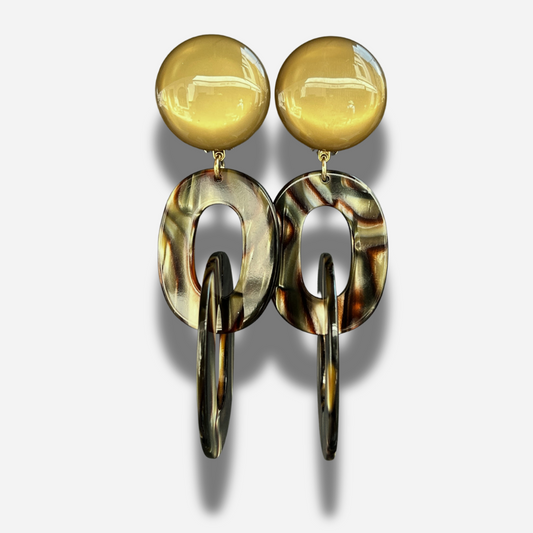 Boucles Double Messe Onyx Kaki Francine Bramli Paris avec cabochon kaki brillant et maillons résine effet écaille noire et marron