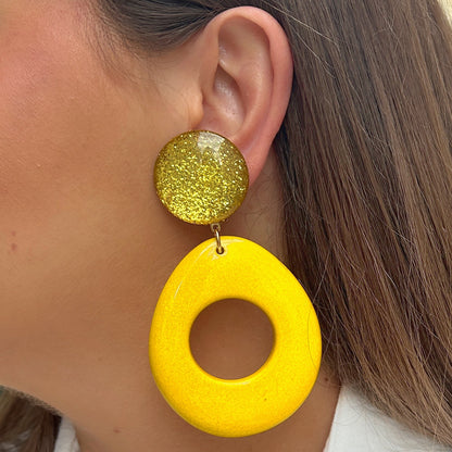 Boucles Galet Jaune Francine Bramli Paris à clip avec paillettes dorées