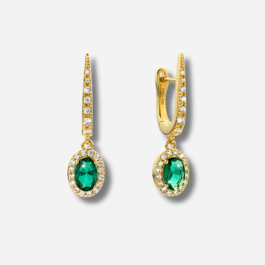 Boucles d’oreilles Green Dynasty Mya Bay dorées pierre verte ovale entourée de cristaux