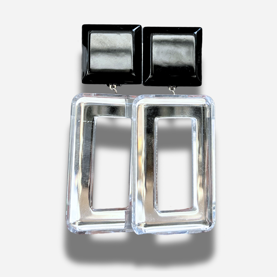 Boucles Guyana Miroir Francine Bramli Paris avec cabochon noir carré et grand rectangle transparent effet cristal