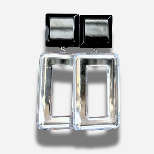 Boucles Guyana Miroir Francine Bramli Paris avec cabochon noir carré et grand rectangle transparent effet cristal