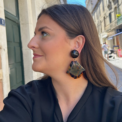 Boucles Hexagone Écaille de Tokyo Francine Bramli Paris en résine écaille brillante chez Divinity Sète