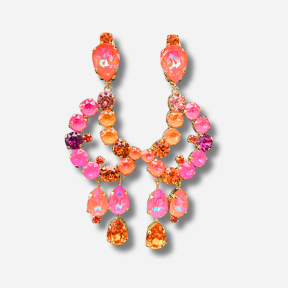 Boucles d’oreilles Luna Hibiscus clip Crézus rose orange strass doré
