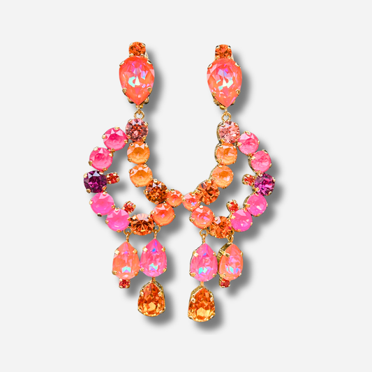Boucles d’oreilles Luna Hibiscus clip Crézus rose orange strass doré