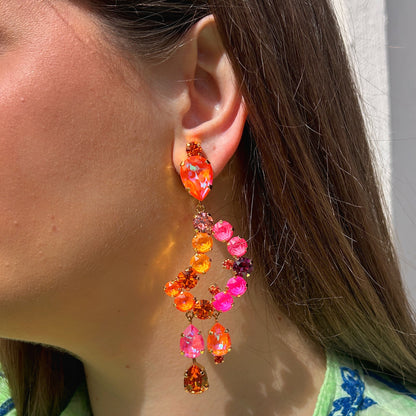 Boucles d’oreilles Luna Hibiscus clip Crézus rose orange strass doré