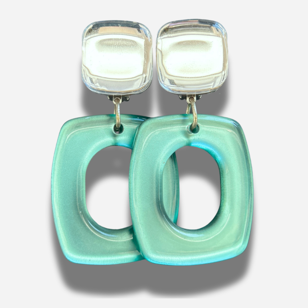 Boucles New York Spectacular Francine Bramli Paris bleu aqua et argent miroir chez Divinity Sète