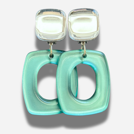 Boucles New York Spectacular Francine Bramli Paris bleu aqua et argent miroir chez Divinity Sète
