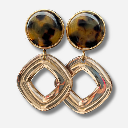 Boucles d'oreilles Asteria Écaille de Tokyo Francine Bramli en résine effet écaille avec grand anneau carré translucide doré