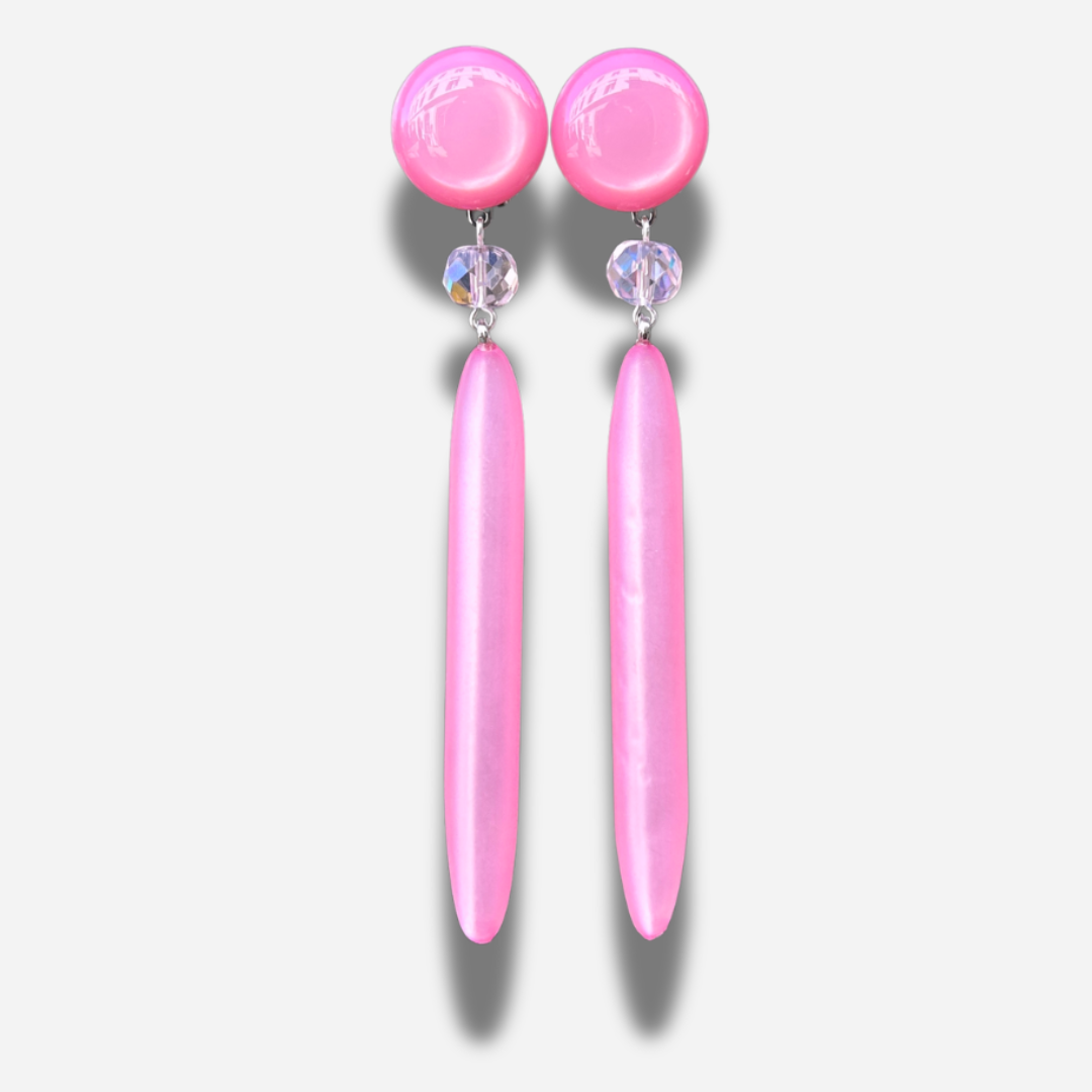 Boucles Bâton XL rose Francine Bramli Paris longues pendantes roses
