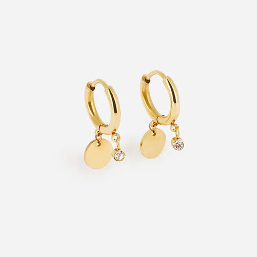 Boucles d’oreilles Béa ZAG en acier inoxydable doré avec médaille ronde et zirconium