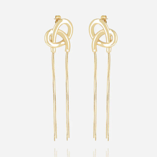 Boucles d’oreilles Bretzel ZAG en acier inoxydable doré avec nœud graphique et chaînes pendantes