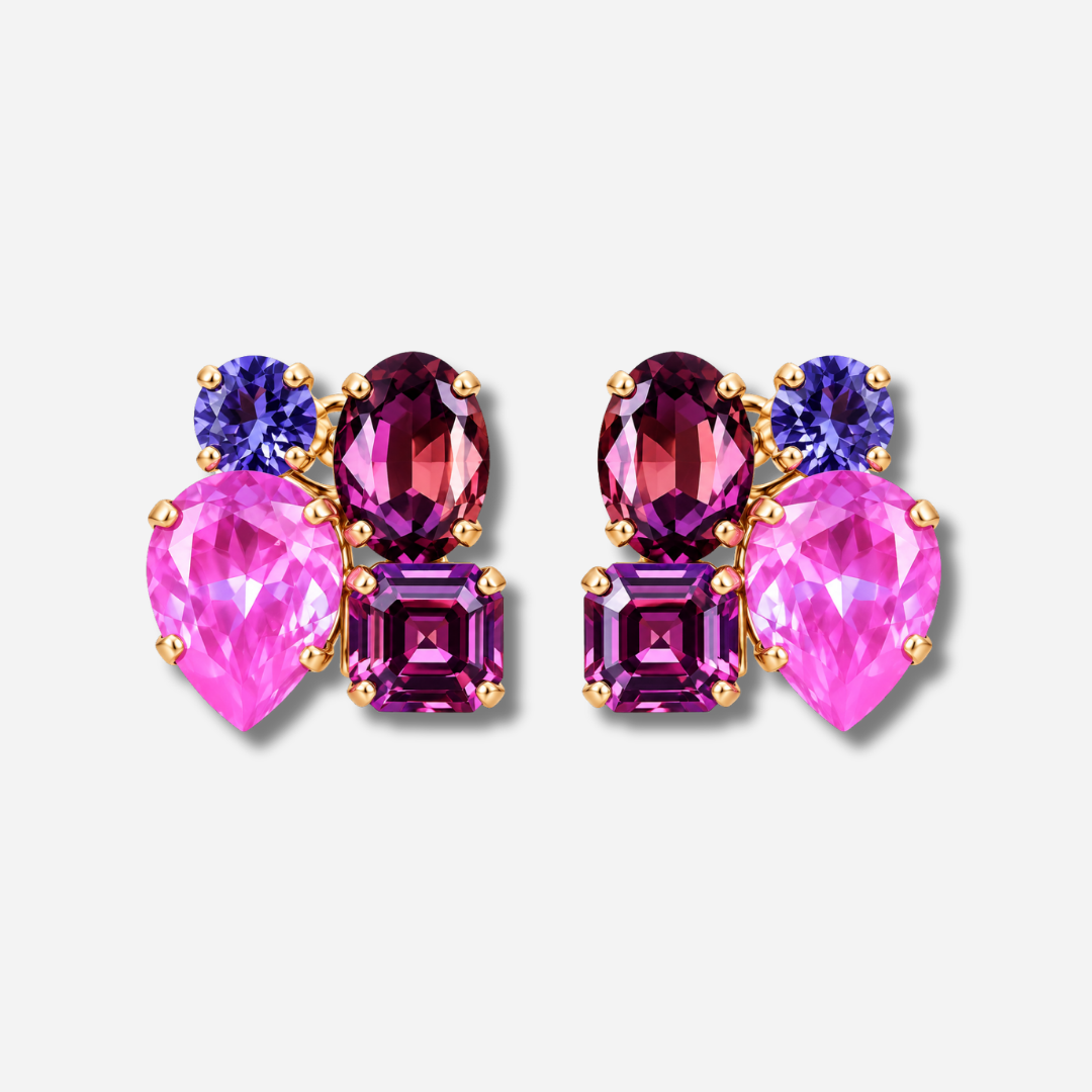 Boucles d’oreilles Calista Mûre Crézus à clips, quatre cristaux facettés rose, violet, pourpre et lavande sur monture dorée