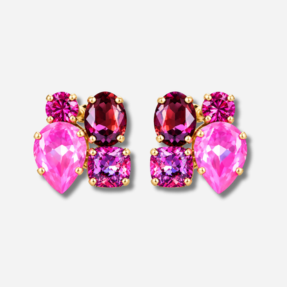 Boucles d’oreilles Calista Orchidée Crézus à clips, quatre cristaux facettés rose fuchsia, violet orchidée et pourpre sur monture dorée