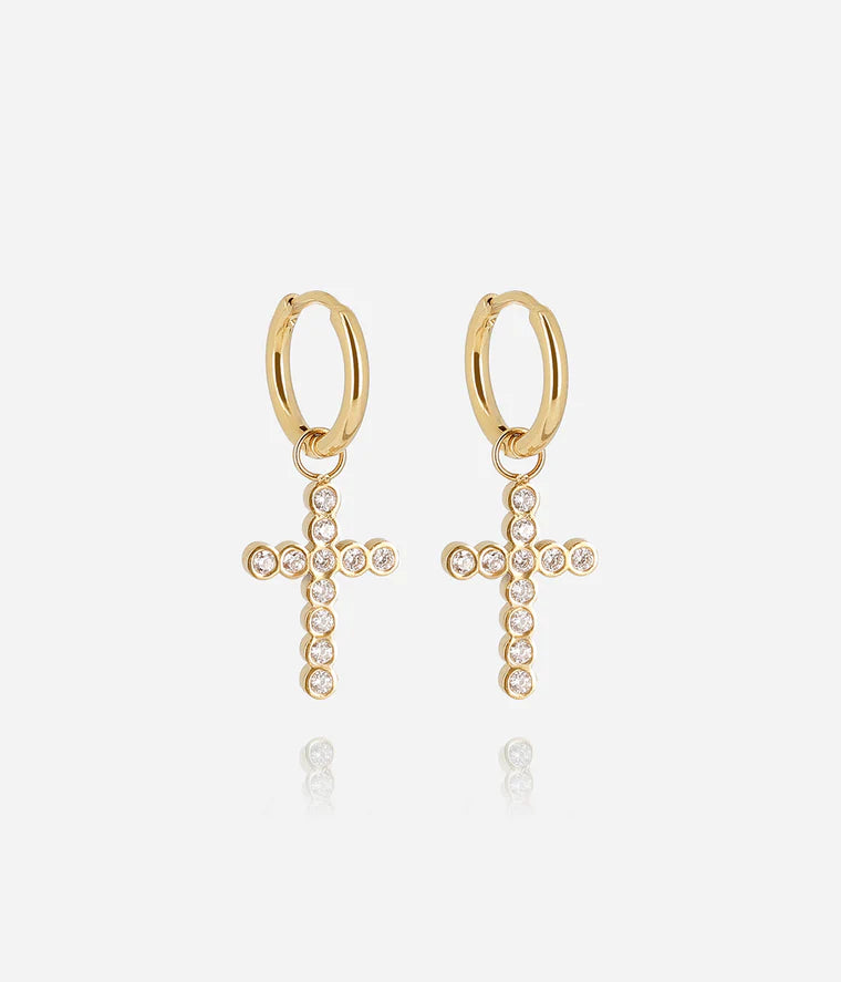 Boucles d’oreilles Capizzi Zag créoles dorées avec croix pavée de cristaux