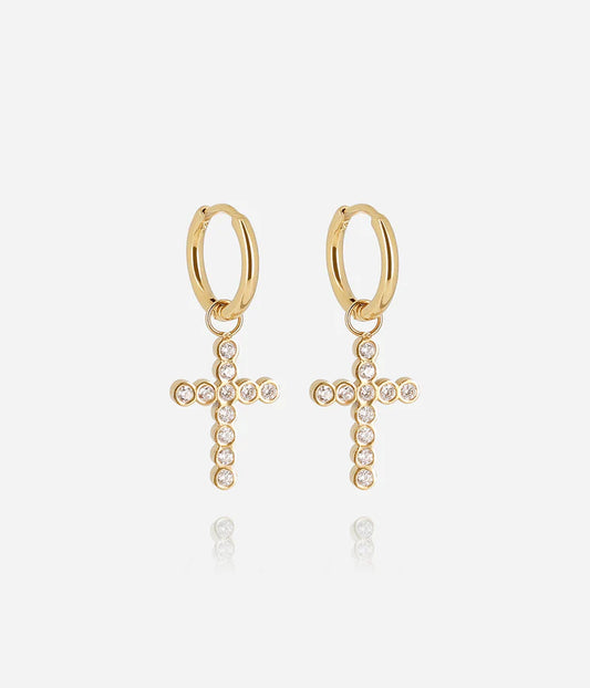 Boucles d’oreilles Capizzi Zag créoles dorées avec croix pavée de cristaux