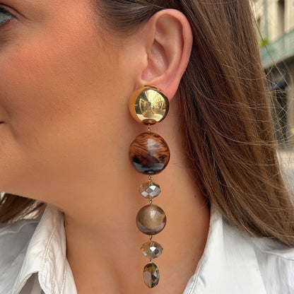 Boucles d’oreilles Cascade Marron à perles et cristaux Francine Bramli Paris
