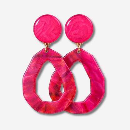 Boucles d’oreilles Castanea Bordeaux à clips Francine Bramli Paris, cabochons ronds rose framboise et grands pendentifs gouttes ajourées marbrés bordeaux et fuchsia, Divinity Sète.