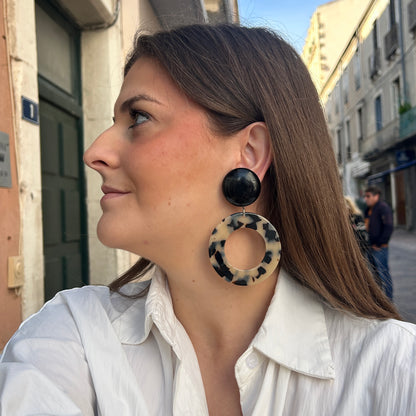 Boucles d’oreilles Cecilia à clips Francine Bramli Paris avec cabochons ronds noirs brillants et grands anneaux ajourés écaille noir et blanc.