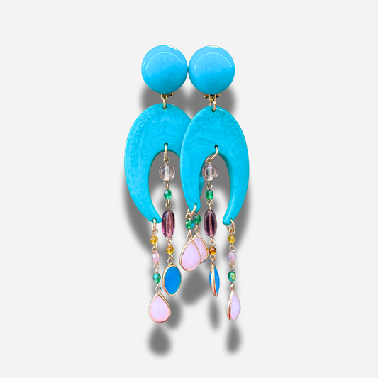 Boucles d’oreilles à clip Constance Bleu Francine Bramli Paris turquoise et pampilles