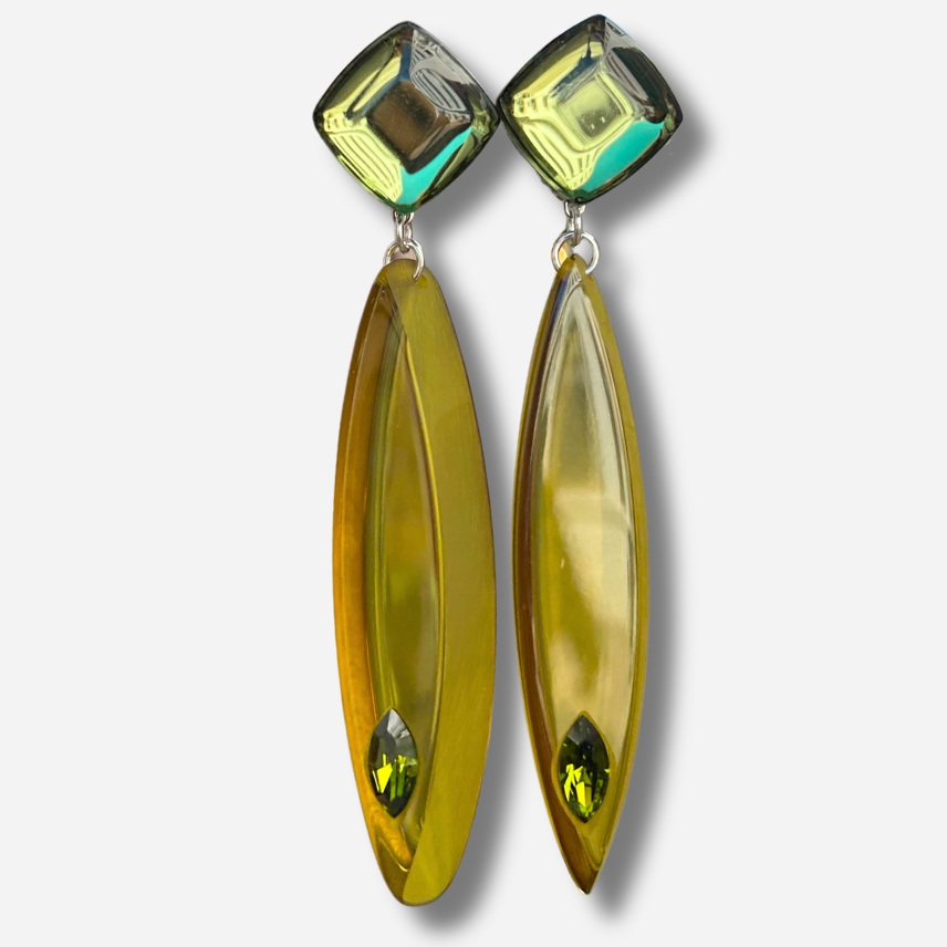 Boucles d’oreilles à clips Plume Miroir Kaki Francine Bramli Paris – Divinity Sète